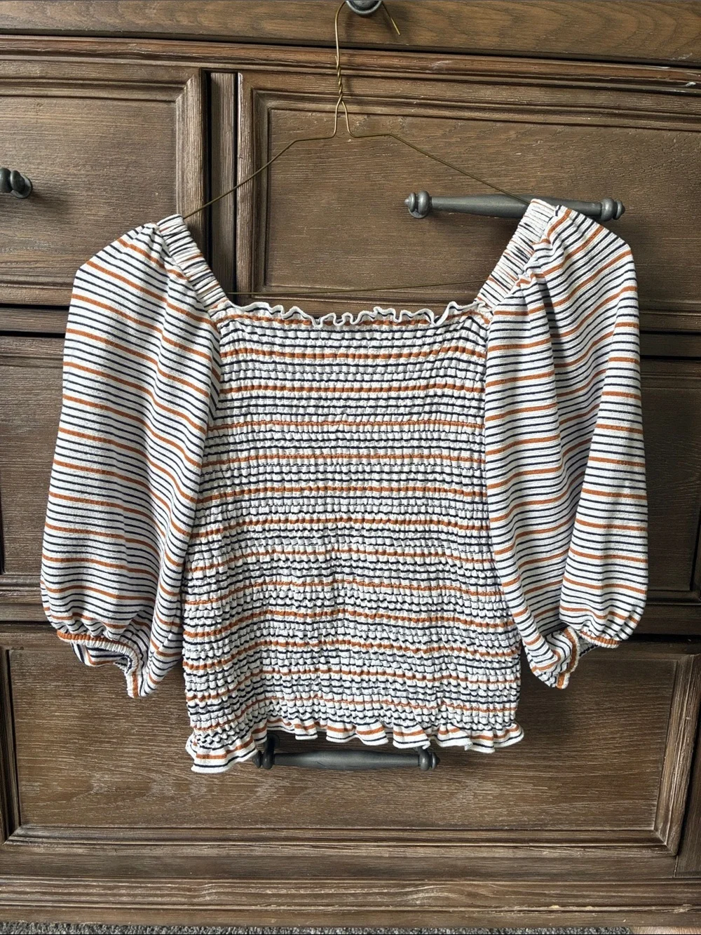 LOFT Striped Smocked Peasant Top in White, Orange & Black
